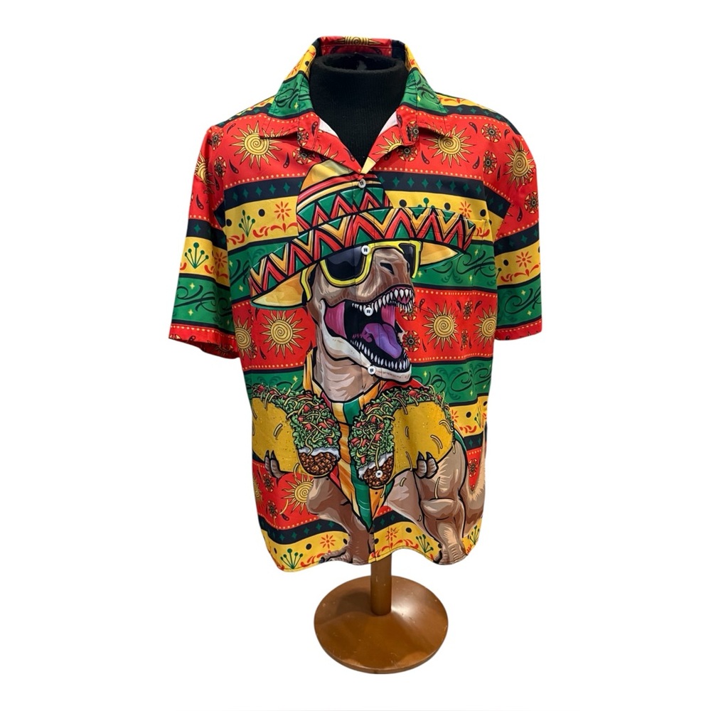 HARDADDY Men’s T-Rex Cinco De Mayo Animated Button Down | Bright & Colorful | M
